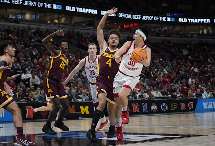 Mar 8, 2023; Chicago, IL, USA; Minnesota Golden Gophers guard Braeden Carrington (4) defends Nebraska Cornhuskers guard Keisei Tominaga (30) during the first half at United Center. 